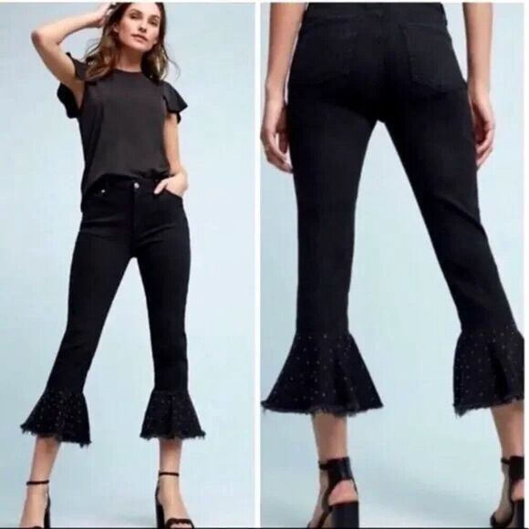 Anthropologie Pilcro Jeans Studded Flared Ruffle Hem Black Denim Size 26 - Picture 1 of 10
